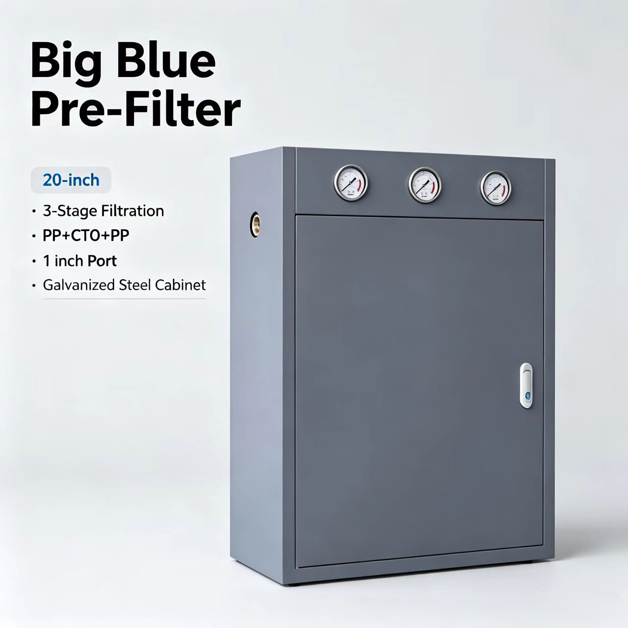 20-inch 3-stage whole house pre-filter with cabinet, Big Blue filter housing